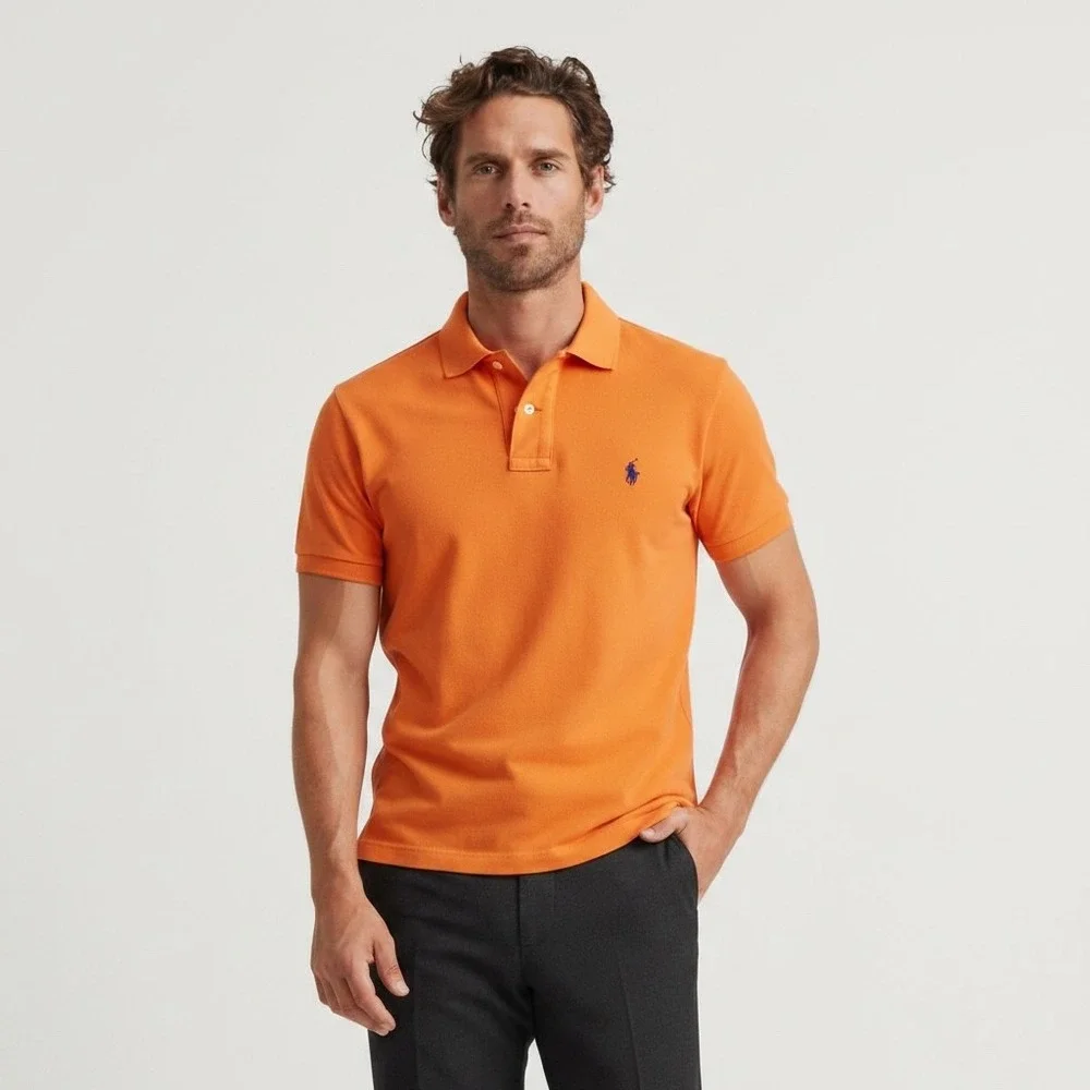 Polo Ralph Lauren Mens Orange Cotton Mesh Short Sleeve Polo Shirt Medium‎ M